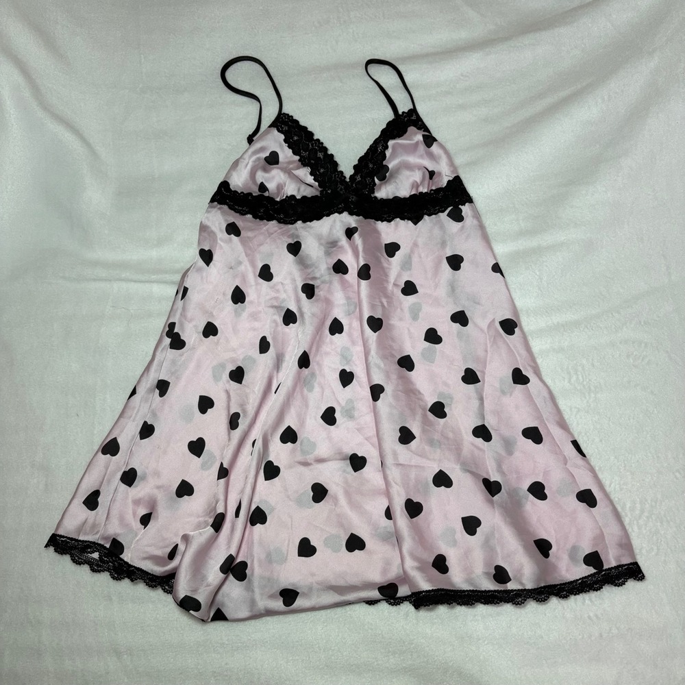 Vintage Shirley of Hollywood Pink Heart Print Satin Lace Trim Slip Top